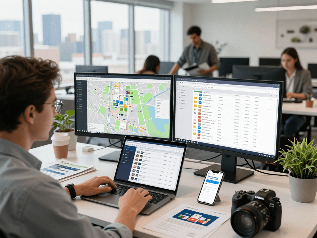 IDXSTAR technology workspace with real estate agent analyzing listings and market data