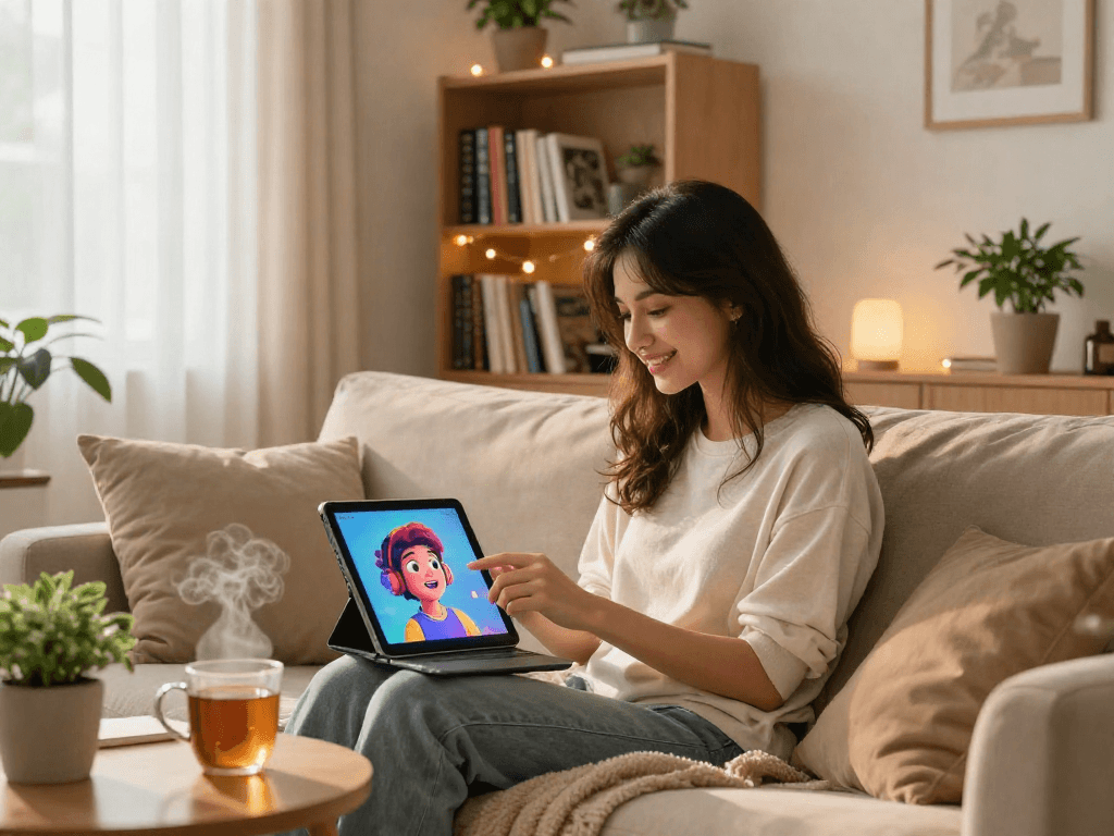 Engaging with an AI girlfriend on a tablet in a cozy living room.