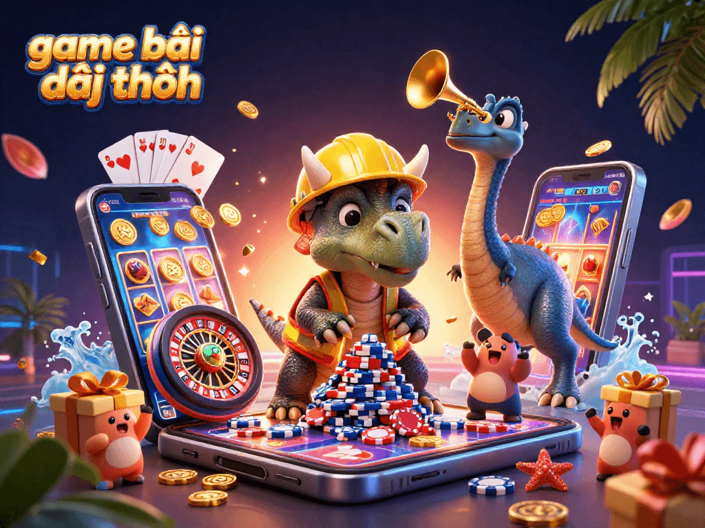 Experience the excitement of game bài đổi thưởng with playful characters creating a vibrant casino scene.