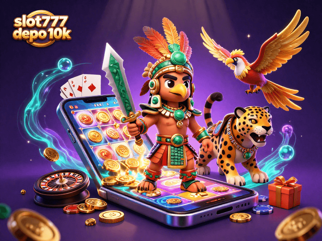 Engage in immersive gameplay with slot777 depo 10k, highlighting dynamic Aztec warriors amidst captivating casino elements.