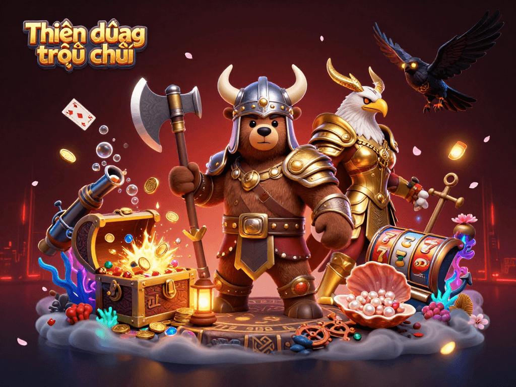 Engage with Thiên đường trò chơi featuring a Viking bear and Valkyrie eagle amid slot gaming elements.