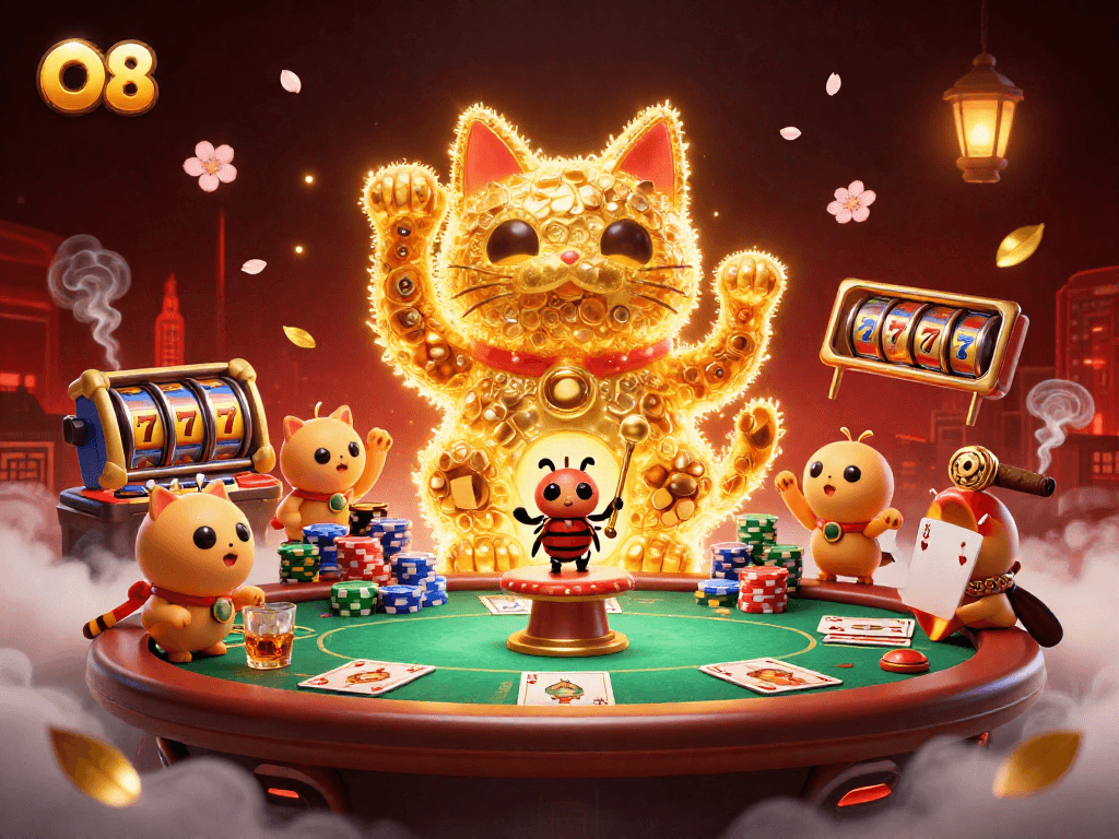 O8 illustrates a vibrant casino scene with a waving lucky cat and poker elements.