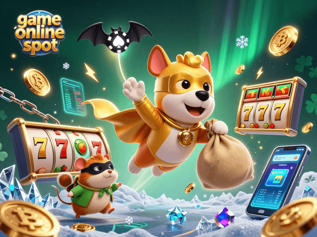 Game online slot menarik dengan superhero anjing terbang dan simbol jackpot bersinar.