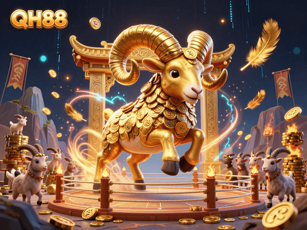 Experience QH88's vibrant casino ambiance with a golden ram charging through a temple gate.