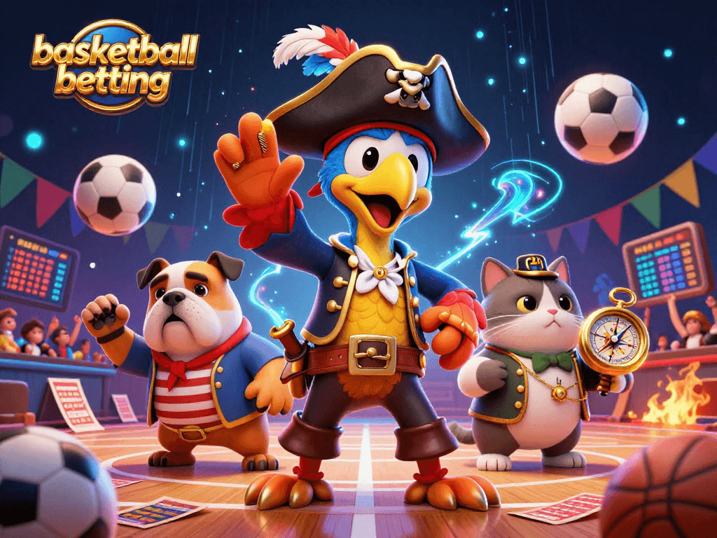 Bask in the excitement of basketball betting with pirate captain and crew in action.