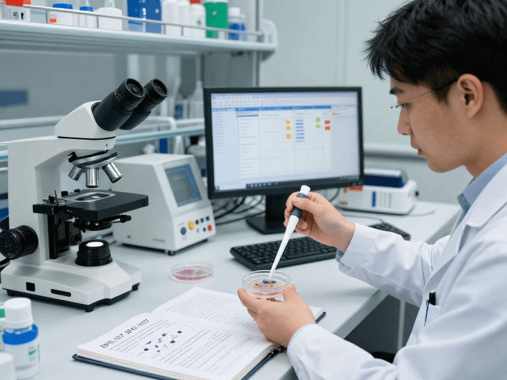 BPC 157 Benefits showcased in a research lab focusing on cellular regeneration with modern scientific equipment.