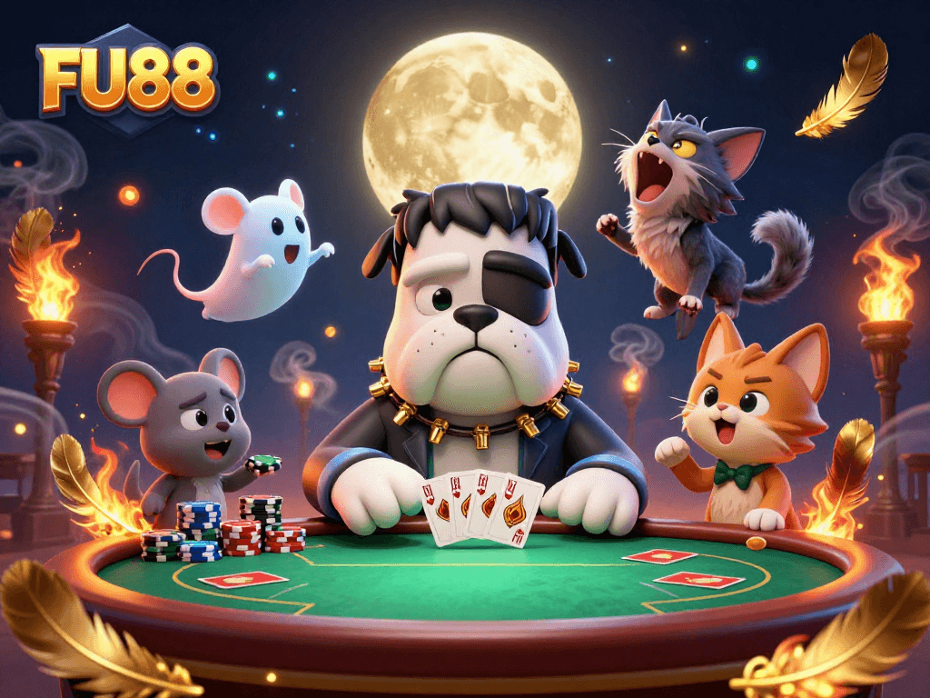 Join the excitement of FU88 as the Frankenstein bulldog and ghost mouse gamble at a poker table.