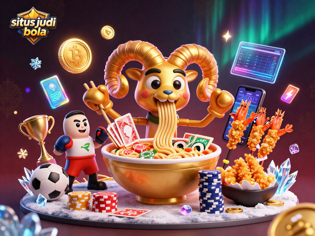 Engage with situs judi bola in a vibrant scene featuring fun characters, sports elements, and digital currency.