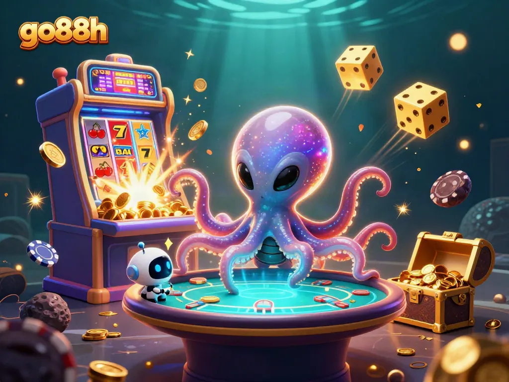 Engage in thrilling gaming at go88h as a vibrant octopus and robot play poker amidst a jackpot explosion.