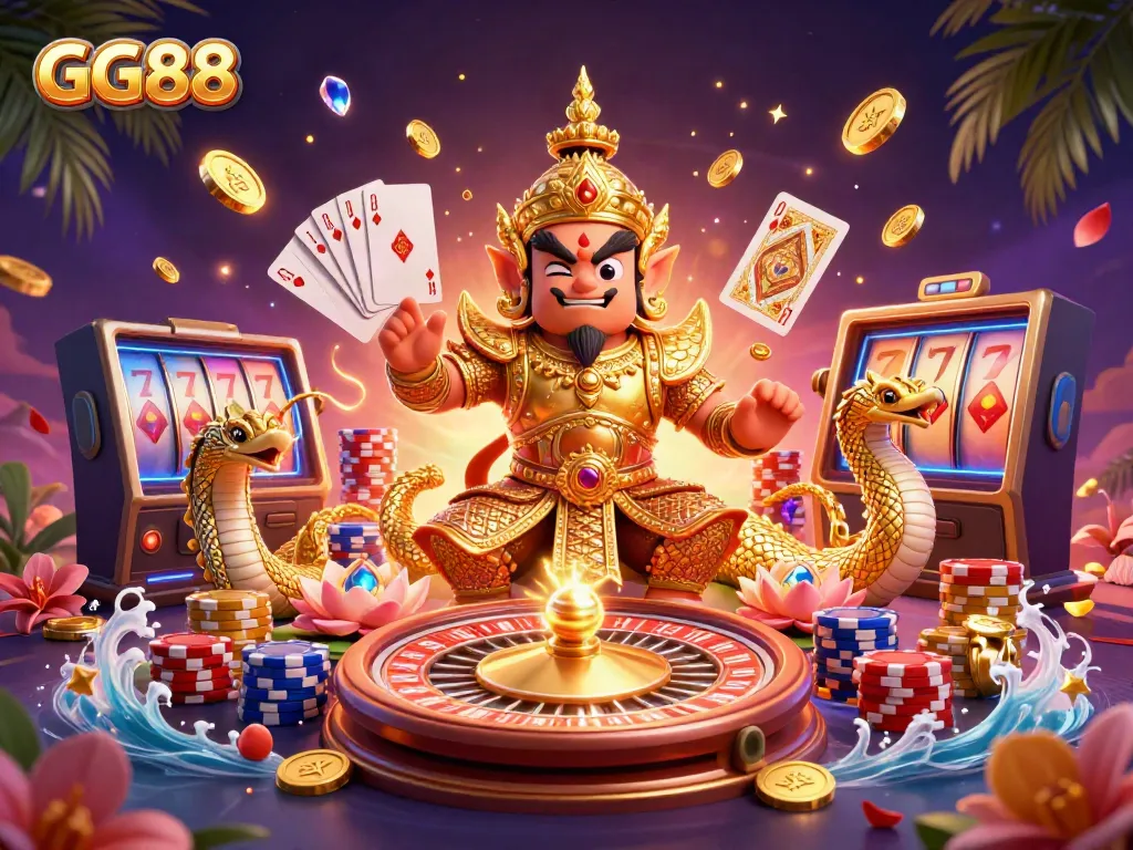 Experience the excitement at GG88 with a vibrant 3D illustration revealing a guardian and casino elements.