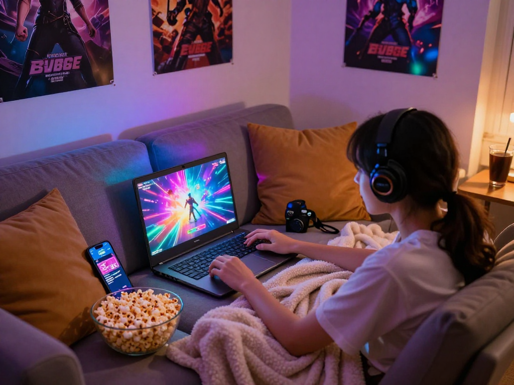 Engaging game sex experience in cozy room with vibrant lighting.