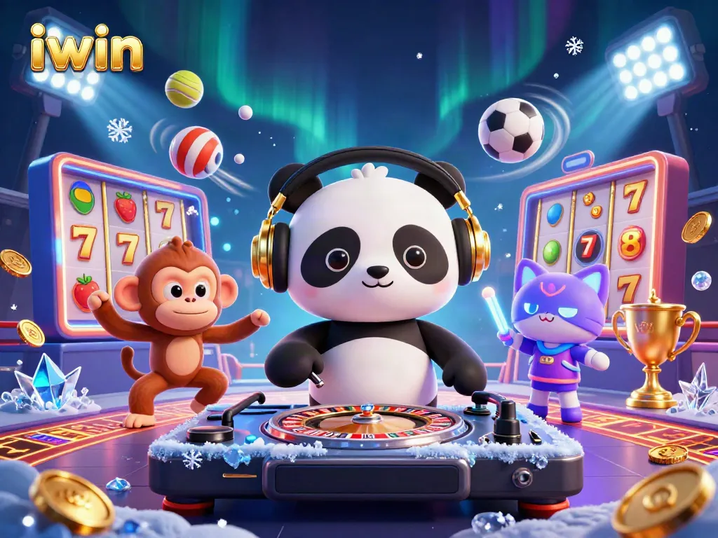 Engage in thrilling iwin slot gaming with a DJ panda, dancing monkey, and kitten in a vibrant casino scene.