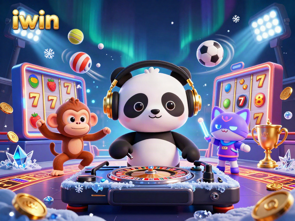 Engage in thrilling iwin slot gaming with a DJ panda, dancing monkey, and kitten in a vibrant casino scene.