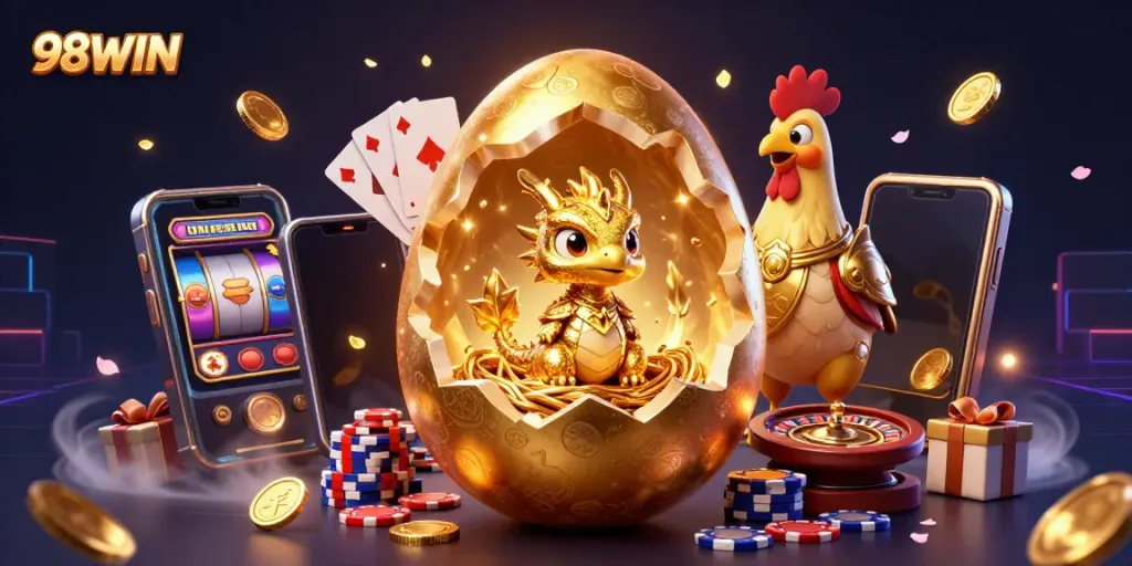 Experience gaming excitement with 98WIN as a baby dragon guards golden chips and treasure.