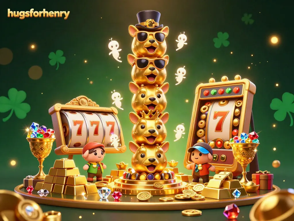 Engage with hugsforhenry through vibrant gaming visuals featuring a golden totem pole and dazzling casino elements.