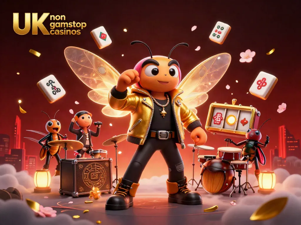 Celebrate wins at UK non gamstop casinos with vibrant 3D illustrations of dynamic characters and casino elements.