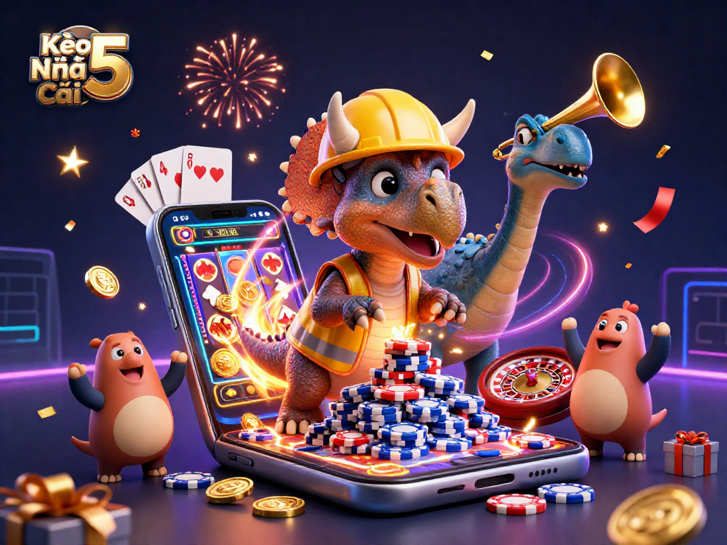 Kèo Nhà Cái 5 showcases a vibrant 3D casino scene with characters and dynamic gaming elements.