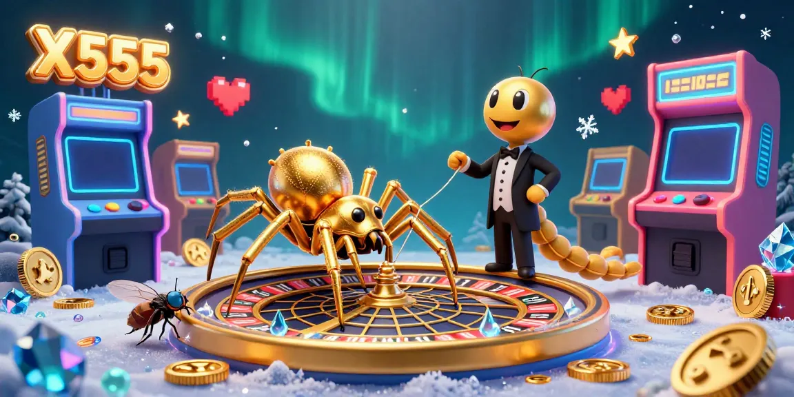 Engage with X555 on a vibrant casino-themed scene featuring a golden spider spinning a roulette web.