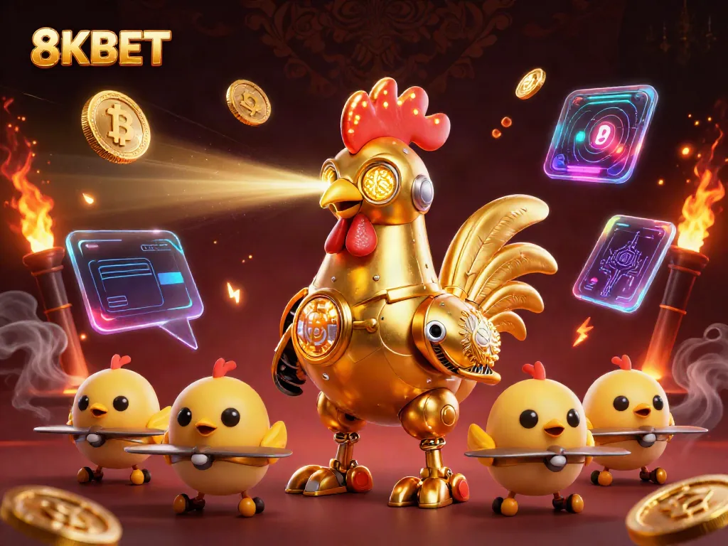 Trải nghiệm giải trí tại 8KBET với robot gà vàng và các đồng tiền số nổi bật.