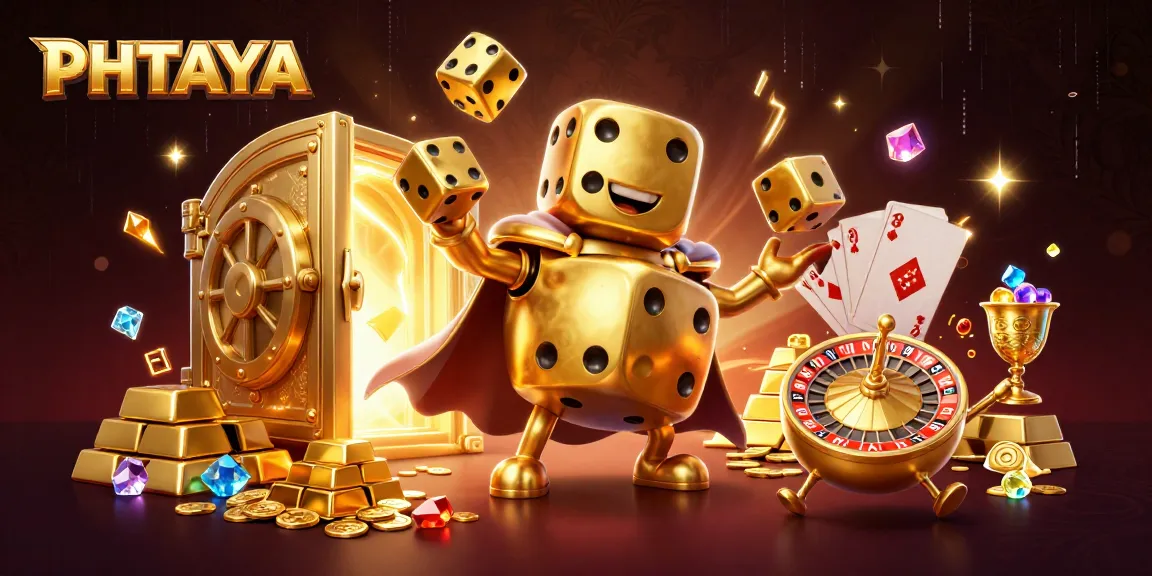 PHTAYA gaming scene showcasing vibrant 3D golden dice golem and roulette head, with dazzling treasure and casino elements
