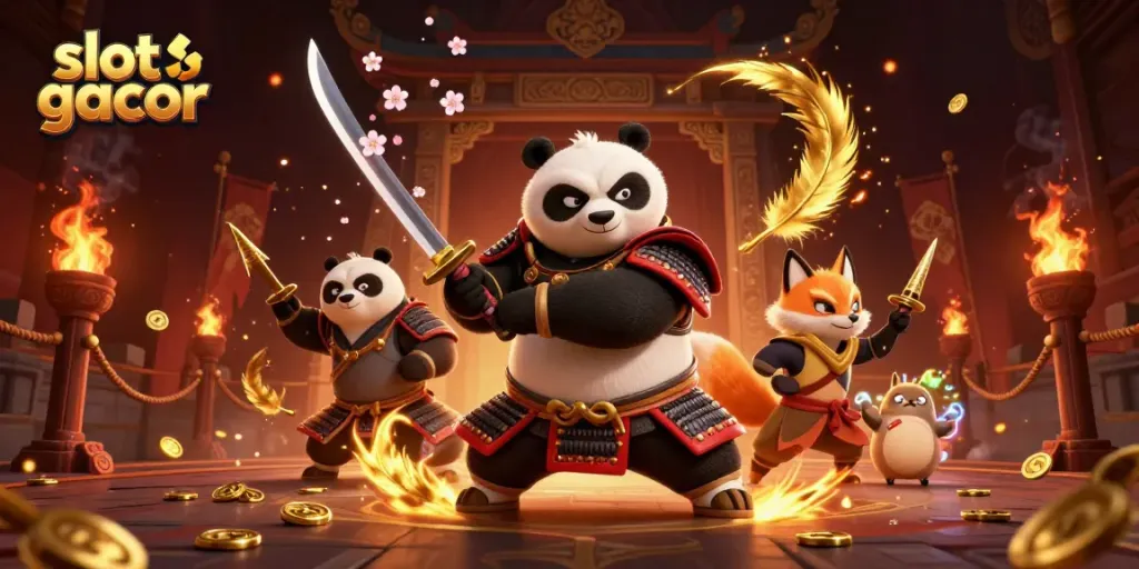 Experience slot gacor magic with fierce samurai panda and ninja fox amidst gold and excitement.