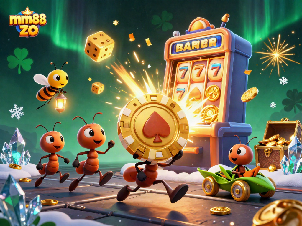Engage with mm88 zo through a whimsical scene of ants in a casino heist, featuring golden poker chips.