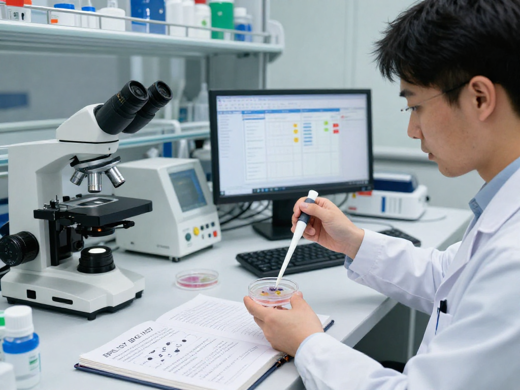 BPC 157 Benefits showcased in a research lab focusing on cellular regeneration with modern scientific equipment.