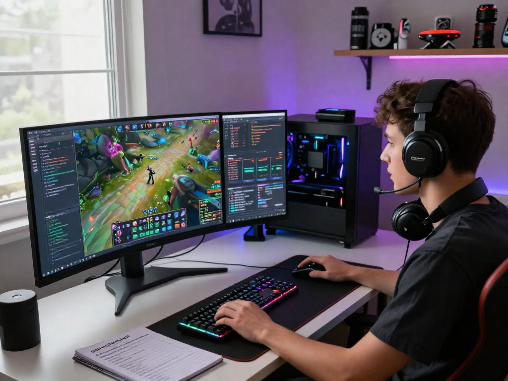 Gamer using KOMBET168 in a modern home office setup, vibrant gaming atmosphere, dual monitors and RGB keyboard
