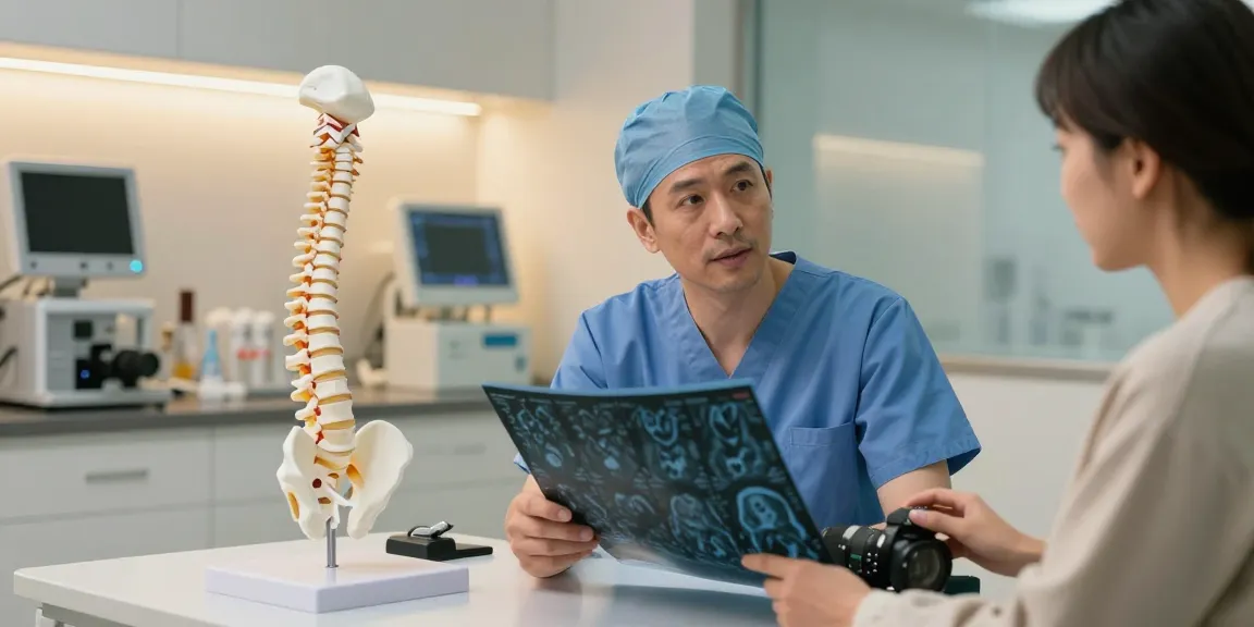 Boyun fıtığı ameliyatı consultation with surgeon discussing treatment options in a modern clinic