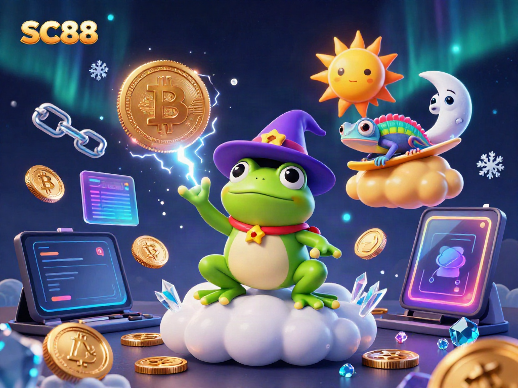 Win big at SC88 with vibrant cartoon characters and gold coin storm in a dazzling casino scene.