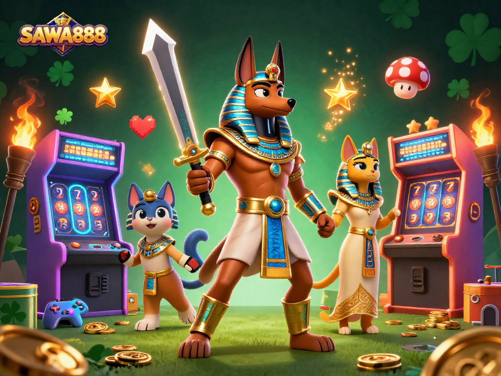 Experience the thrill of gaming with SAWA888's immersive casino elements and vibrant characters.