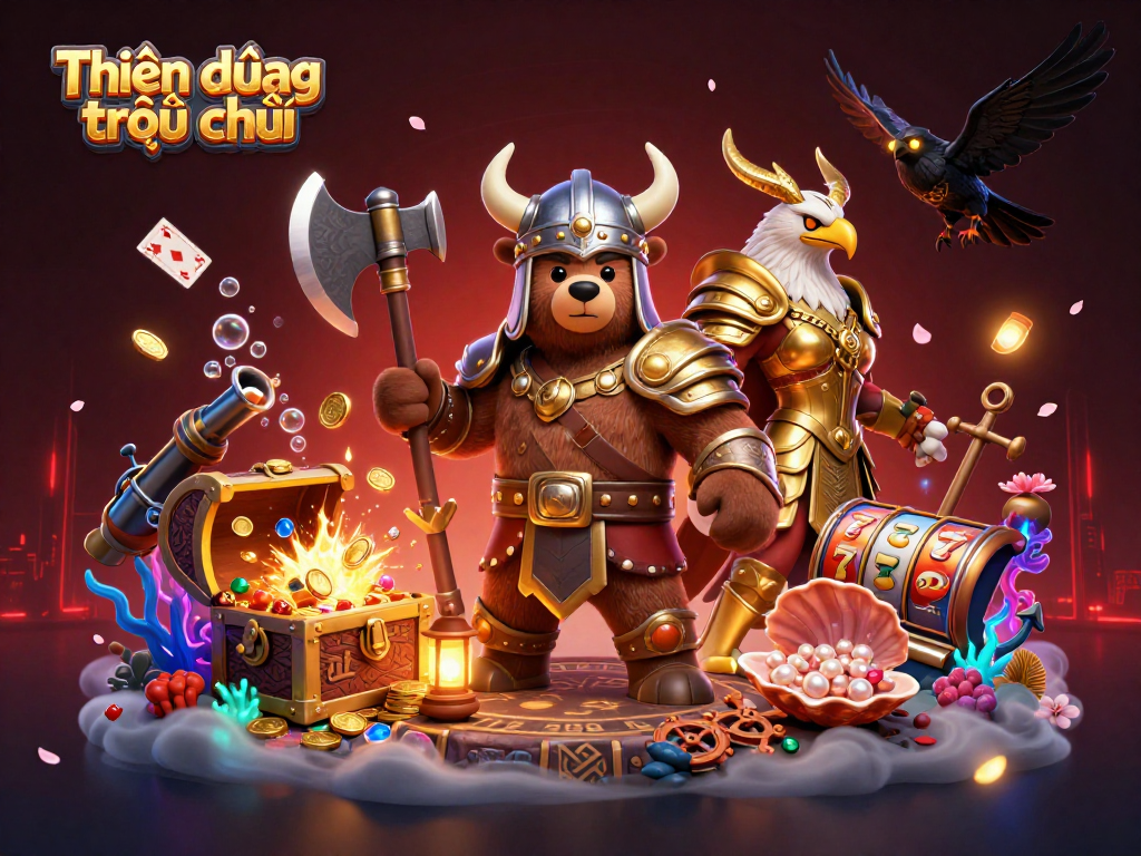Engage with Thiên đường trò chơi featuring a Viking bear and Valkyrie eagle amid slot gaming elements.