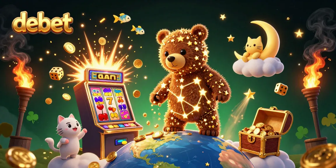 Engage with debet's vibrant 3D casino scene featuring a constellation bear scooping coins amidst dynamic game elements.