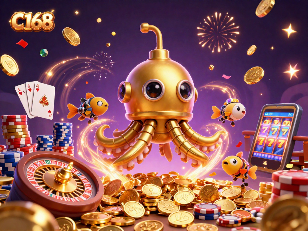 C168 players winning big among golden coins and casino elements in a colorful 3D scene