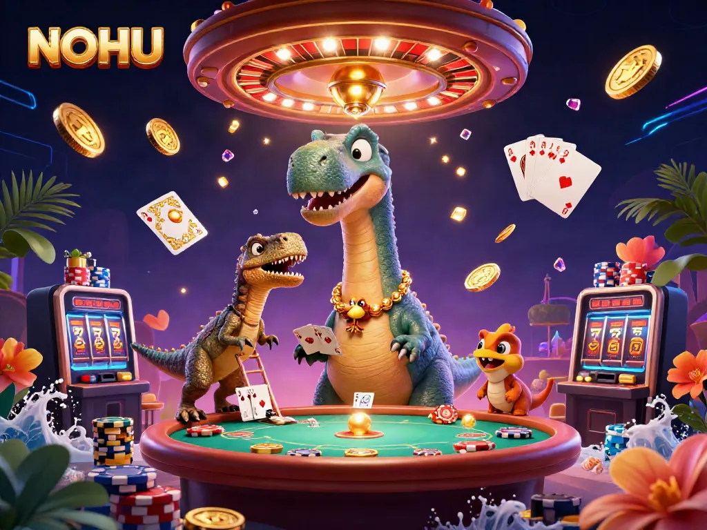Engage with NOHU's vibrant gaming world featuring dinosaurs at a lively casino scene.