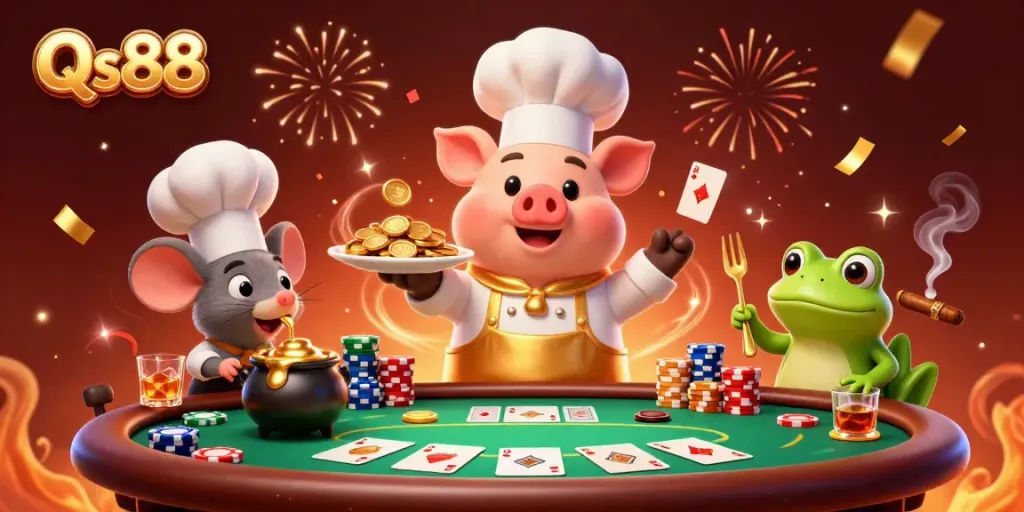 Enchanting scene showcasing Qs88 featuring a chef pig serving golden coins amidst poker chips and cards, celebrating wins.
