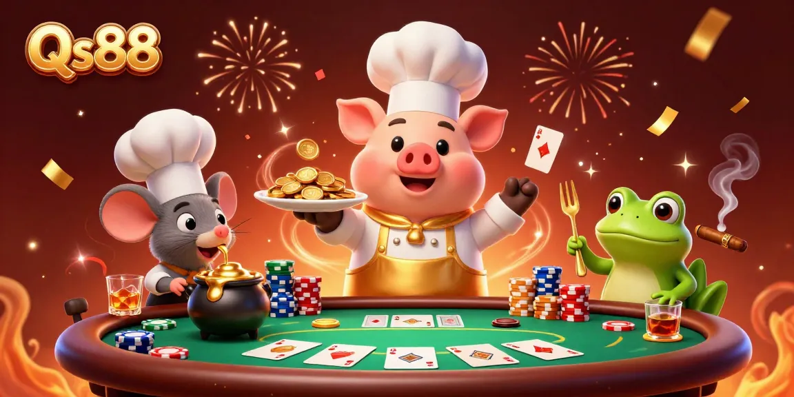 Enchanting scene showcasing Qs88 featuring a chef pig serving golden coins amidst poker chips and cards, celebrating wins.