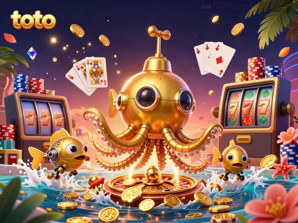 Experience exciting toto gameplay with a golden kraken submarine amidst coins and casino elements.