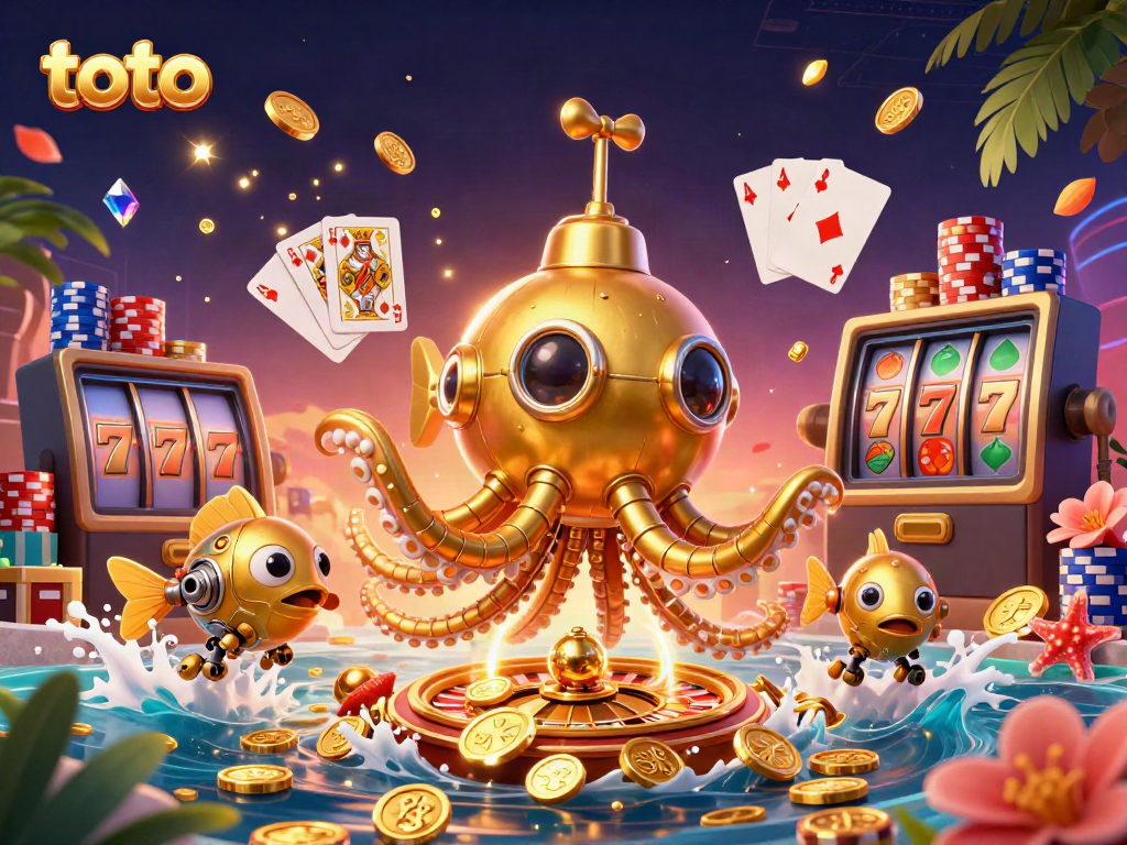 Experience exciting toto gameplay with a golden kraken submarine amidst coins and casino elements.