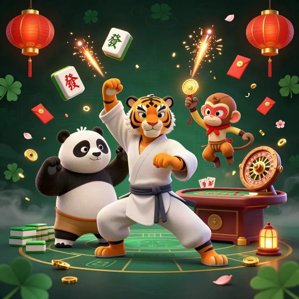 Kung-fu tiger, panda, and monkey amid casino magic, jade coins, lanterns, and neon gold glow.