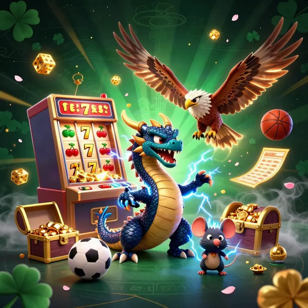 Thunder dragon, hawk and mouse amid casino jackpots, gold and sports icons on dark emerald glow.