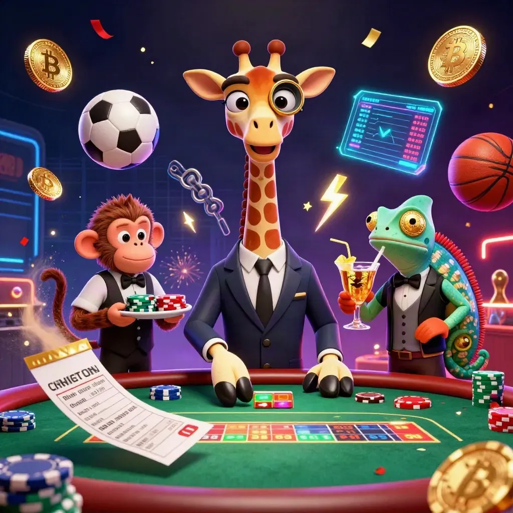 Neon casino trio with giraffe, monkey and chameleon amid flying coins, balls and sparks.