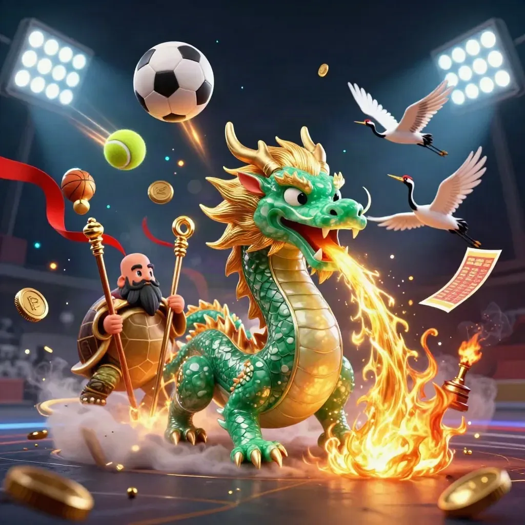 Fantasy dragon, turtle sage and cranes amid flying sports balls, gold fire, coins and stadium lights.