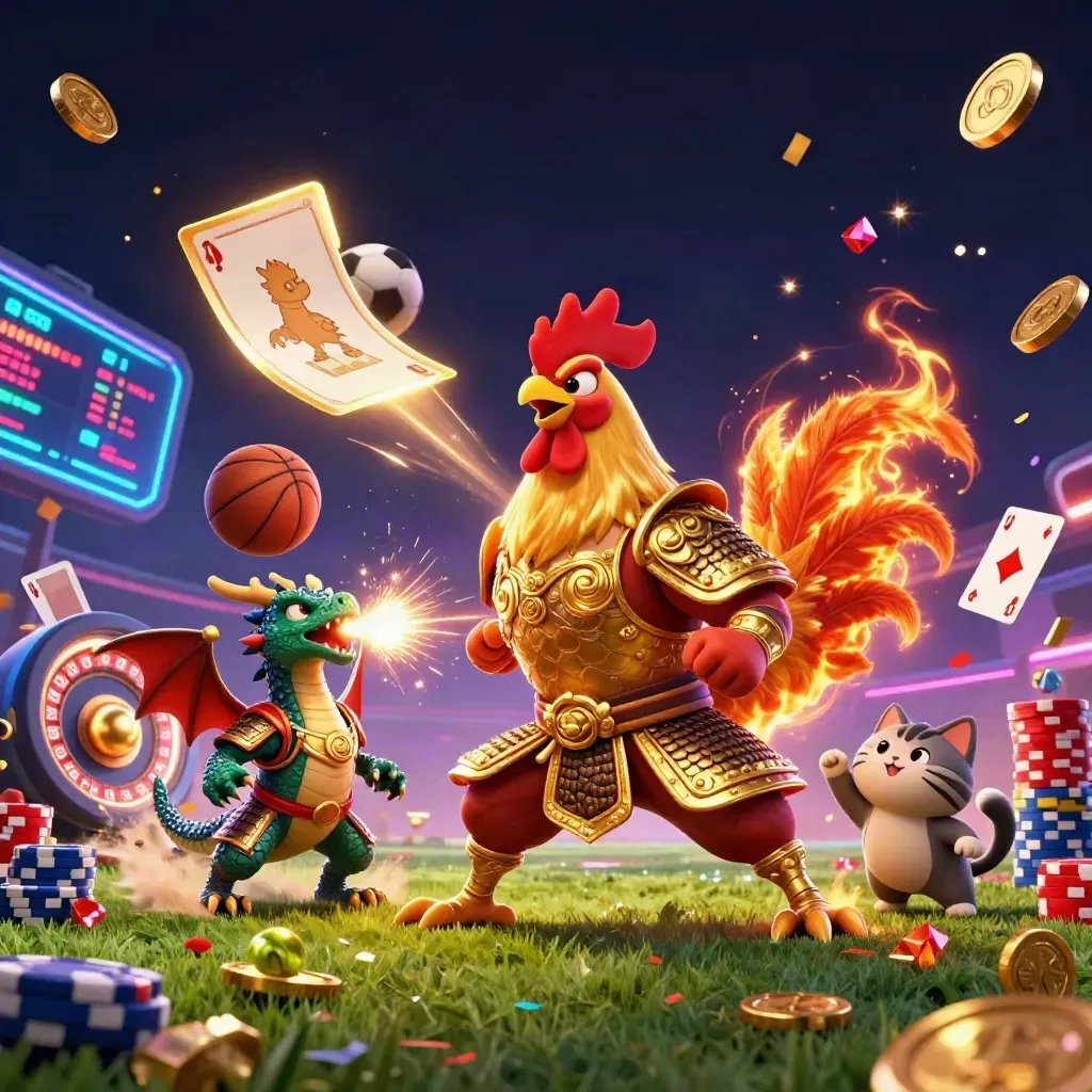 Rooster warrior, dragon hatchling and lucky cat amid exploding sports-casino effects.
