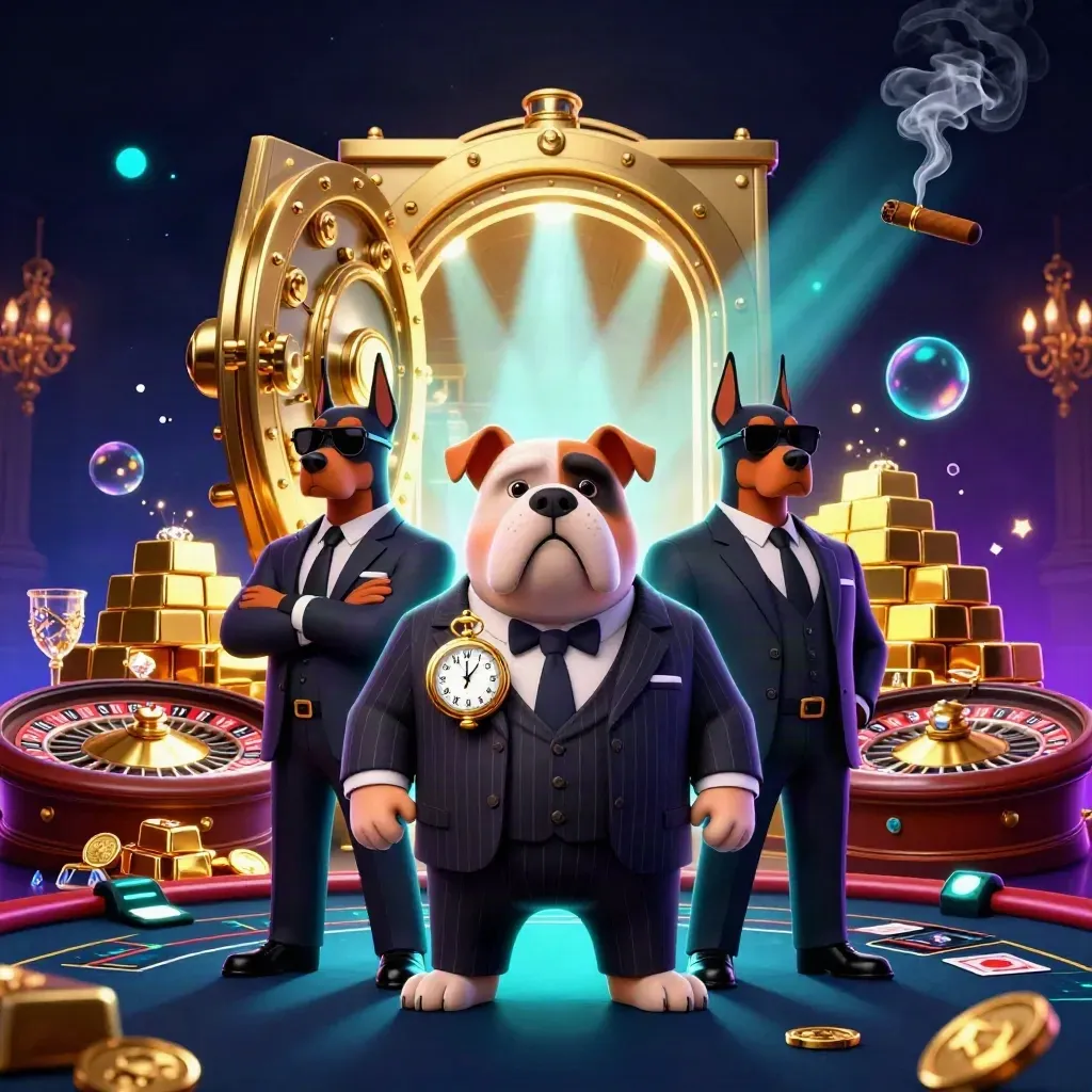 Mafia-boss bulldog and Dobermans amid a glowing vault, gold, roulette and casino lights.