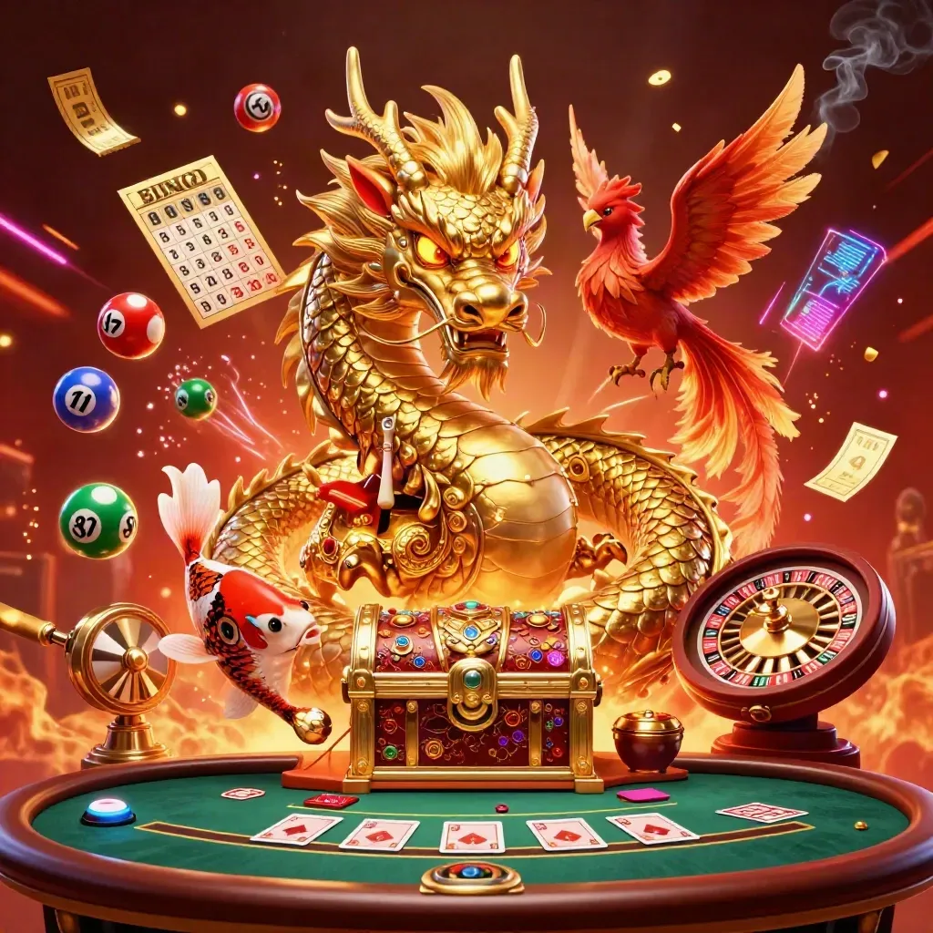Golden dragon with phoenix, koi, casino wheels and glowing neon luxury.
