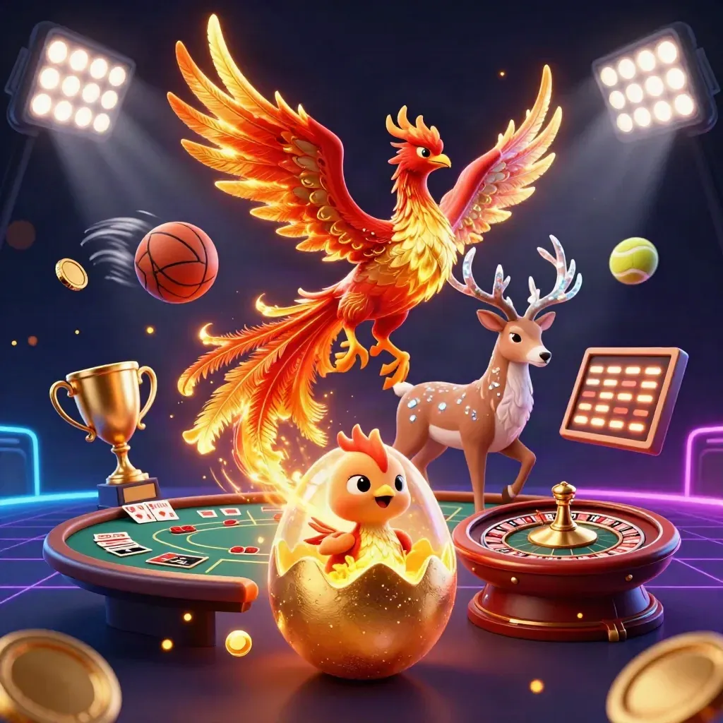 Fire phoenix, baby phoenix, and crystal stag amid casino and sports lights, neon dark backdrop