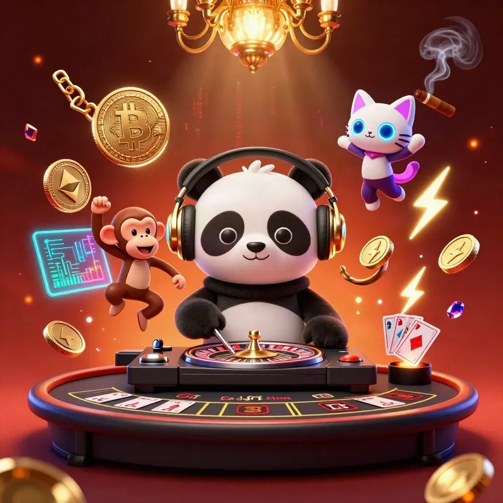 Panda DJ, dancing monkey and glow kitten in a neon casino with coins, cards and glowing energy.
