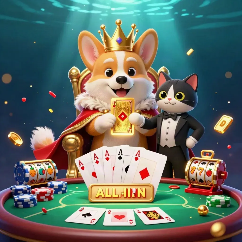 Royal corgi on chip throne with cat butler, poker table, chips, aces, and glowing casino effects