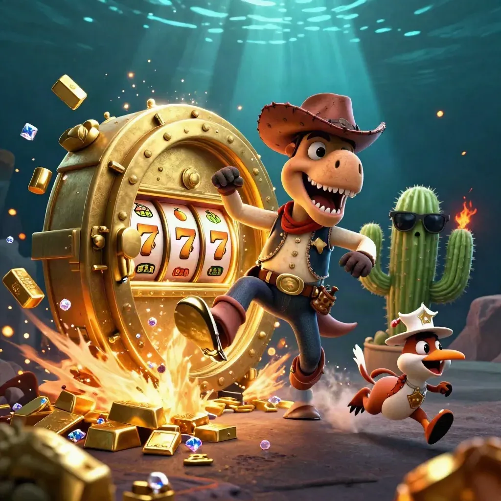 Cowboy T-Rex, cactus and roadrunner burst through a gold vault underwater.